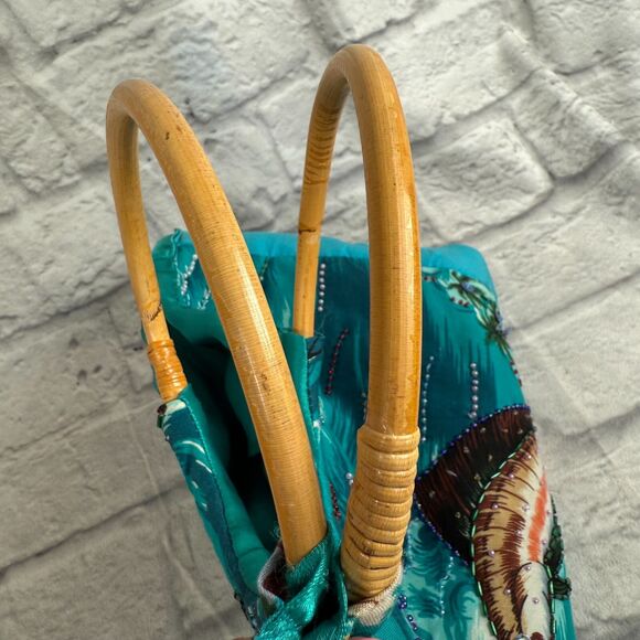 VTG Marlin Tropical Hawaiian Beaded Tote Handbag Purse Swordfish Bamboo Handles - Picture 14 of 16